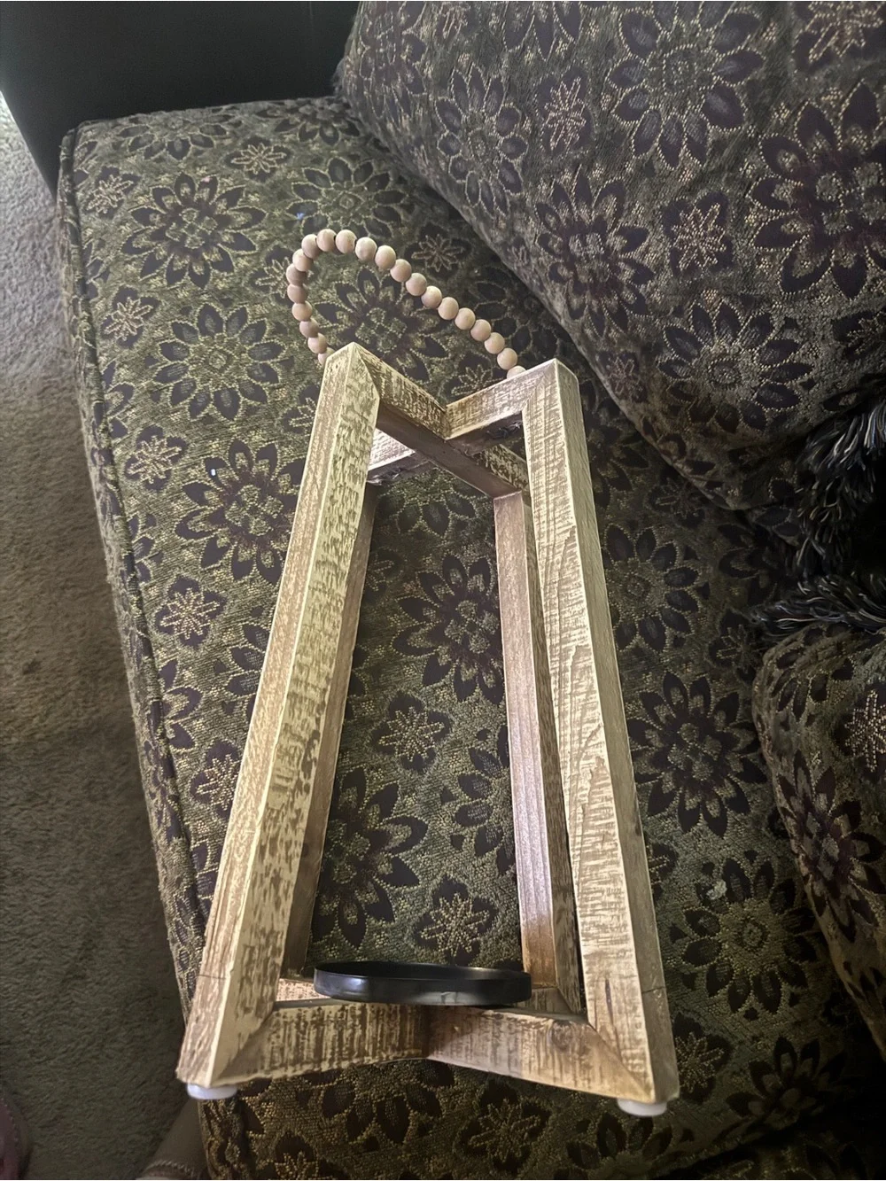 Wooden Beaded Lantern Holder - Distressed Light Brown & Natural Beads